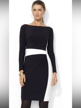 Lauren Ralph Lauren Black and Cream Long-Sleeve Sheath Dress 8